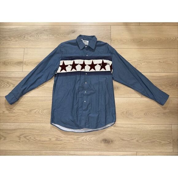 VINTAGE Roper Shirt mens XL Blue Pearl Snap Western Cowboy Rodeo Border Stars - Picture 1 of 6
